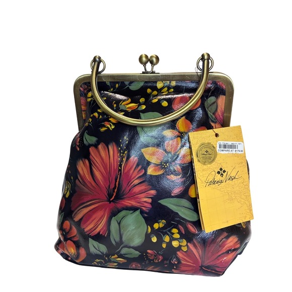 Patricia Nash Tropical Escape Kisslock Satchel Handbag Floral Print Brass Tone - Picture 2 of 10